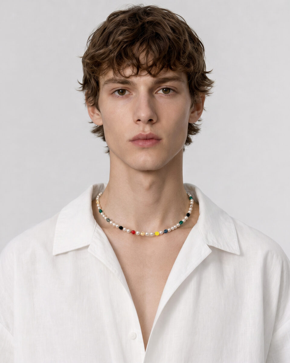 Le Point d’Éclat Men's Choker with Crystal Pearls and Colored Crystals